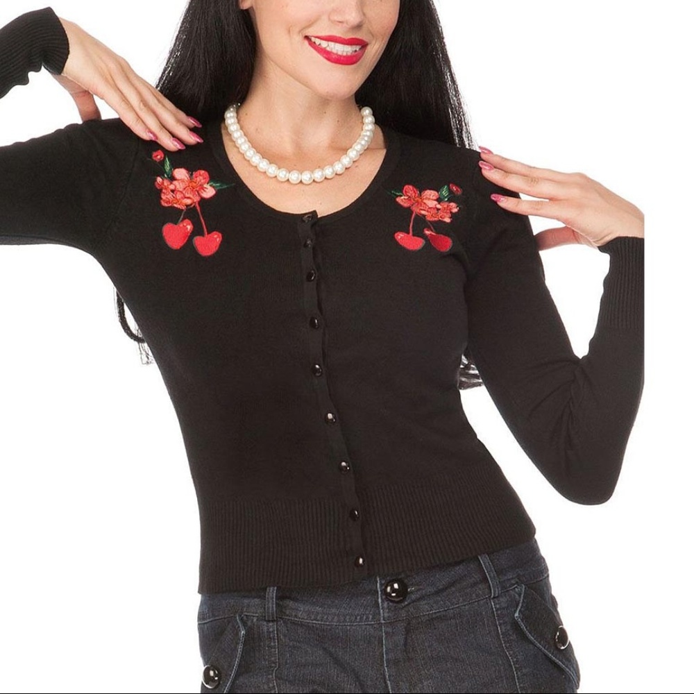 Embroidered Cherries Retro Black Cardigan Sweater - Picture 1 of 5